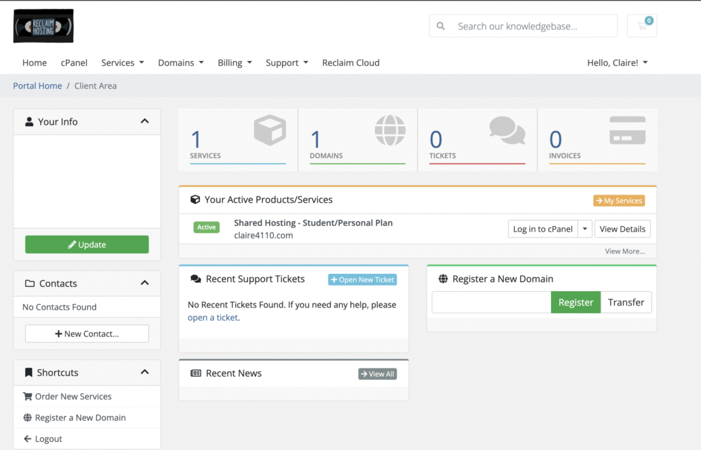 Screenshot of reclaim hosting client area